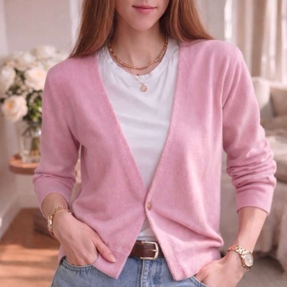 Loulou Cashmere Pink Button V-neck Long Sleeve Cardigan XS
